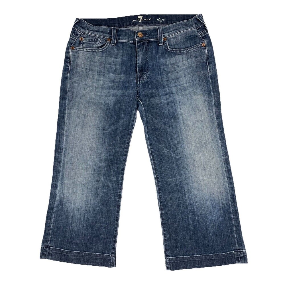 7 For All Mankind Dojo Jeans Womens 31 Wide Leg Cropped Distressed Blue Denim